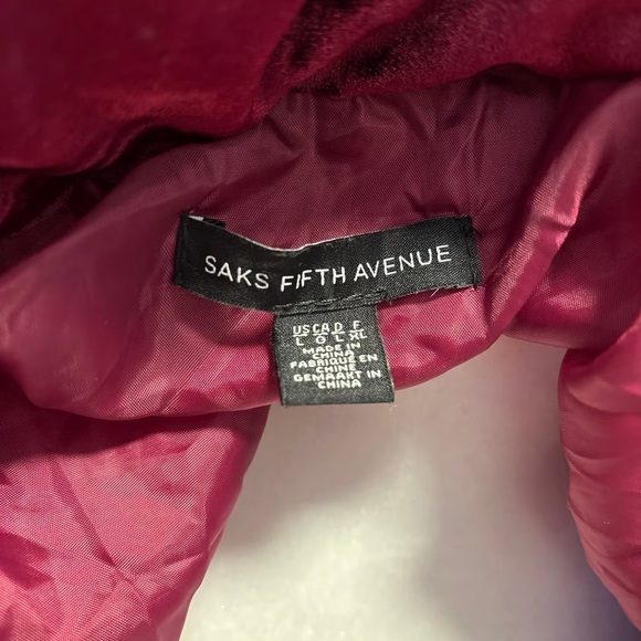 SAKS FIFTH AVENUE BLACK LABEL Burgundy Velvet Full Zip Puff Jacket Zip Pockets L - Picture 10 of 10